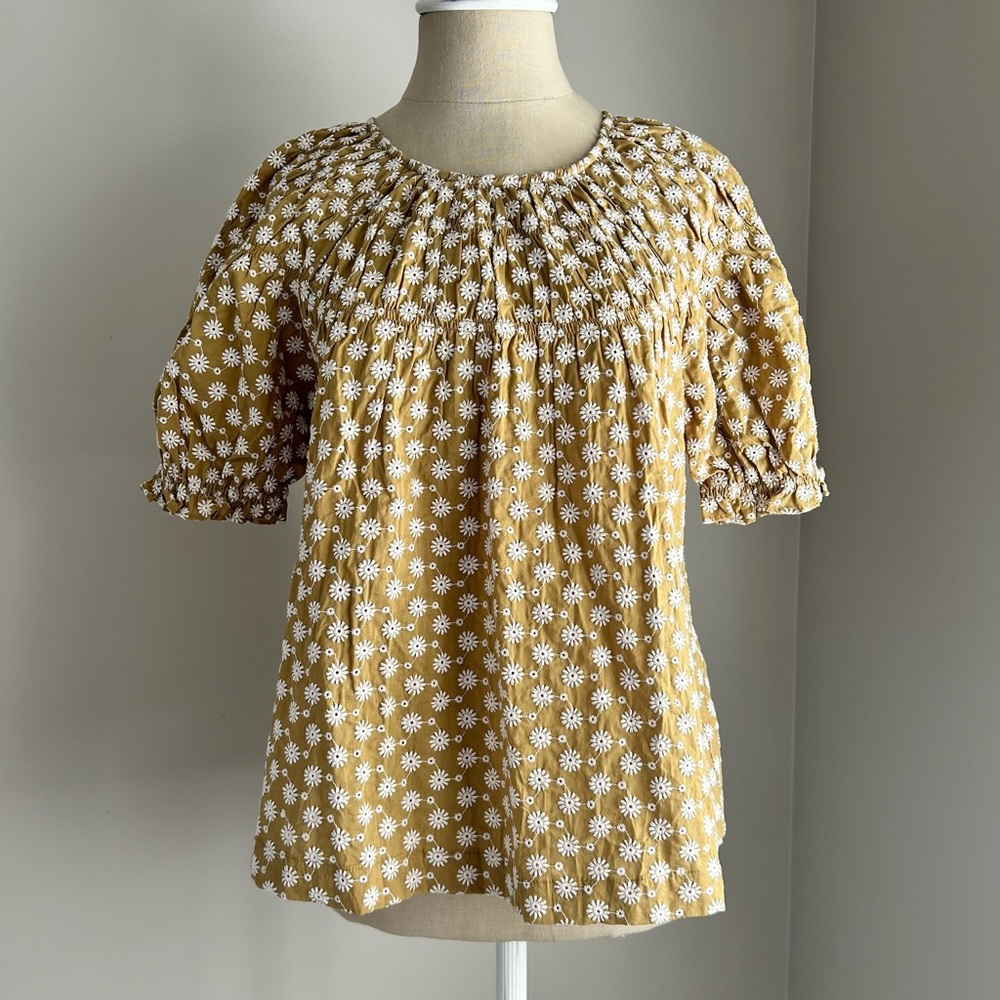 Madewell Daisy Embroidered Eyelet Shirred Puff-Sleeve Top
